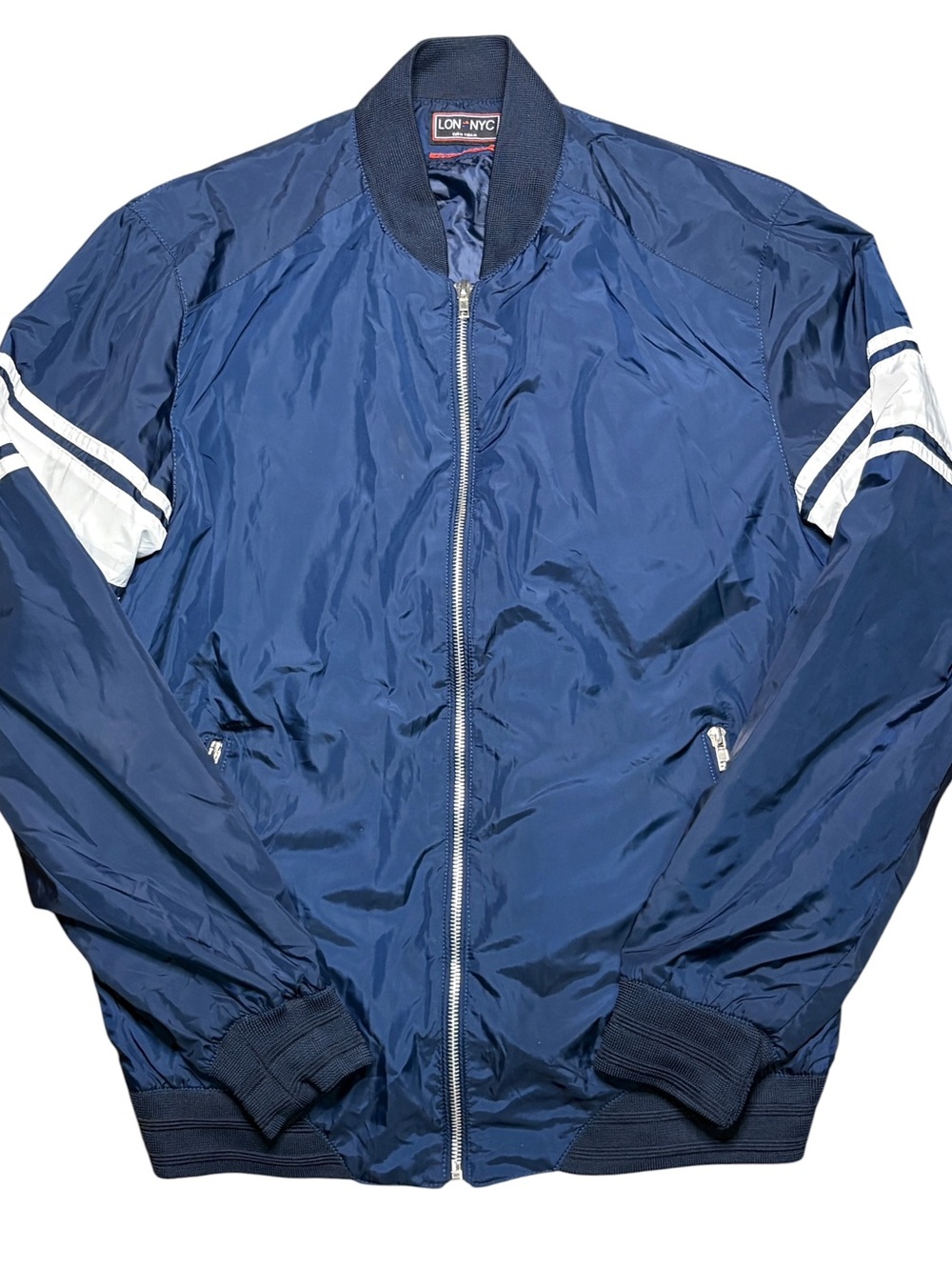 LON-NYC First Class Goods Navy Bomber Jacket Racing Stripes